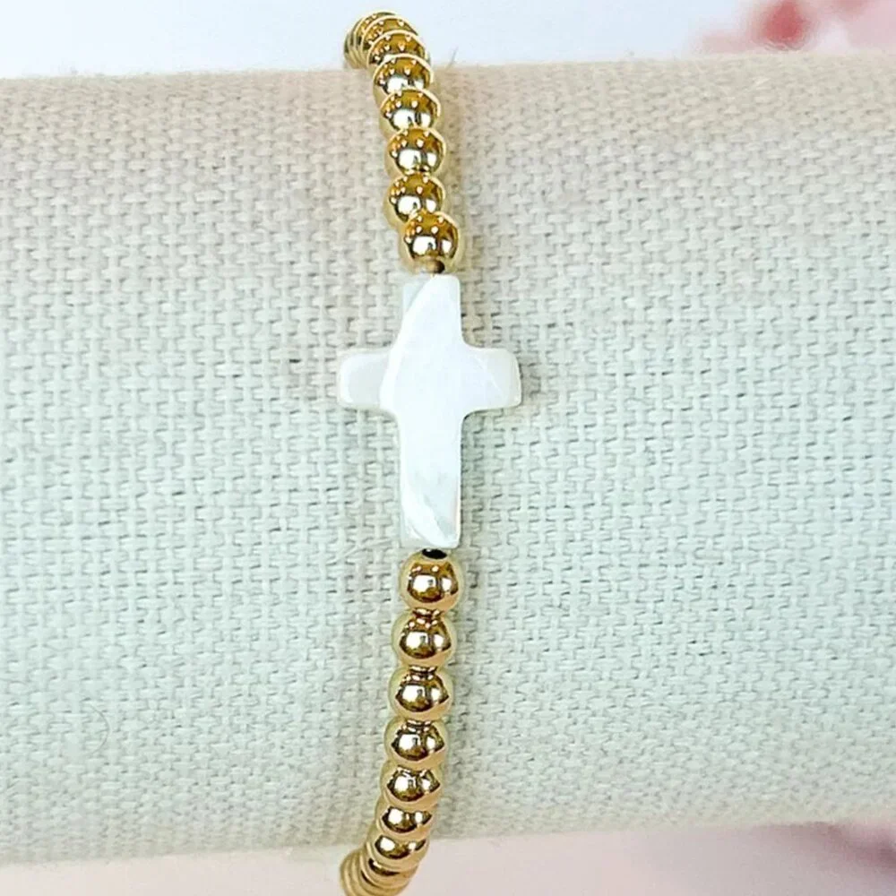 Matching Bracelet set Pearl Cross Non-Tarnish Gold Beaded Mommy & Me Matching